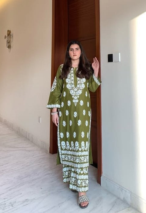 Mehndi Bloom: Embossed Linen Outfit